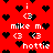 Red background with repeating black heart shapes and white text elements including 'mike m.', 'hottie', and '<3' symbols in pixelated font.