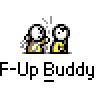 Animated contact sheet of four pixel art frames showing two stick figures in yellow outfits with changing poses and expressions, accompanied by repeated text "F-Up Buddy" on a gray background.
