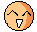 Pixelated circular emoji with peach skin tone, orange gradient outline, closed eyes with black zigzag lines, and a white tooth-shaped mouth on the left side.