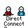Animated contact sheet of 19 pixel art frames showing two stick figures interacting with a red figure holding various objects against gray background, each frame labeled "Direct Connect" below.