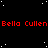 Red text repeating 'Bella Cullen' on a black background with white dots, partially obscured by a gray rectangle.