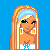 Pixel art contact sheet showing multiple frames of a cartoon character named Annie with blonde hair, blue headband, and white bikini top against a solid blue background with scattered heart shapes.