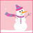 Pixelated snowman with orange carrot nose, black eyes, and pink-purple striped hat stands against light pink background.