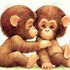 Two brown cartoon monkeys sit side-by-side, one embracing the other from behind; the right monkey's expression changes from neutral to smiling while text appears below them.