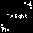 Black background with white pixelated text "Twilight" and four white square-based icons arranged in a pattern