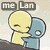 Pixelated cartoon character with yellow head and body holding a blue circular object, two dark rectangular text boxes above containing 'me' and 'Lan'.