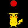 Yellow cartoon character with red cheeks and black eyes stands on black background, holding yellow lightning-shaped tail, with red circular icon above head.