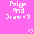 Pixelated text on a pink background reads "Paige And Drew <3" with two heart symbols below, displayed in an animated sequence.