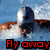 A pixelated image shows a person in water with arms extended, wearing dark swimwear and a white cap; text below reads 'Fly away' on the left and 'Swim' on the right.