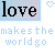 A static image displays the word 'love' in bold black text on a light blue gradient background, with small heart icons above and pixelated text below.