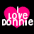 A pixelated graphic with a bright pink heart shape and white text reading "I love Donnie" on black background, displayed in three variations showing different letter spacing.