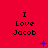 Red background with repeated black text "I Love Jacob" and scattered blue pixelated symbols in a