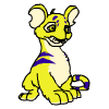 Animated yellow cartoon feline with purple stripes on back and tail, sitting in a of showing sequential head turns from left to right