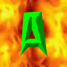 Green 3D text 'A PYRO INC Production' on a fiery orange-yellow background with pixelated texture.
