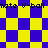 Yellow and blue checkered pattern with repeated text 'mate V-ball' in black pixelated font, transitioning from square to diamond
