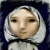 Pixelated static image of a figure with light skin, dark eyes, and white hair against a dark blue background.