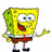 Pixelated yellow sponge character with green top, brown shorts, white shirt, red tie, blue eyes, open mouth showing teeth and tongue, right arm extended forward.