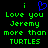 Green pixelated text on black background reads 'i [blue heart] i Love you Jeremy more than TURTLES' with identical left and right sides.
