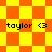 Yellow and orange pixelated background with repeating 'taylor <3' text in black, featuring two distinct geometric patterns side-by-side.