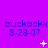 Purple background with repeated blue text 'buckockk 9-28-07' and changing white pixel symbols below each instance.