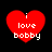 Four red heart-shaped icons with white text "i love bobby" on a black background, each showing different pixelation levels.
