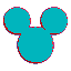 Five distinct Mickey Mouse head silhouettes in cyan, yellow, purple-brown, pink-purple, and vertical red line on gray background.