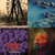 Four distinct pixelated scenes arranged in a 2x2 grid: top-left shows a dark structure against a light background, top-right depicts a blue-toned landscape, bottom-left features purple and red patterns, bottom-right displays a colorful abstract shape.