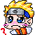 Pixel art character with spiky yellow hair, blue eyes, pink cheeks, and orange-and-white clothing; head turned slightly left to right.