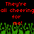 Red pixelated text on black background with green pixelated crowd below, repeating 'They're all cheering for me!' in two