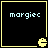 Four identical black square with yellow borders display light blue text 'margiec' and a small yellow Pac-Man-like icon at the bottom right corner