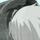 Monochrome anime-style character with silver hair and a forehead protector, shown in a sequence of depicting head movement and hair motion