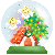 Pixelated snow globe with red-roofed house, green tree, and two angel figures, showing animation changes in snowfall and cloud positions.