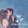 A couple in formal attire kissing under a blue background with white heart symbols and text reading 'ALWAYS YOU.'