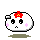 Four pixel-art frames of a white rounded character with black eyes, pink cheeks, and red flower on head in 2x2 contact sheet arrangement.