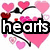 Pixelated icon with pink hearts and text 'hearts' on white background, pink lips with 'kisses' on black background, and 'firends' on pink background.