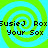 Four identical pixelated spiral patterns in green and cyan with overlaid text reading "SusieJ RoxSusieJ Rox" and "Your Sox" in black block letters.