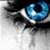 A static image shows a close-up of a blue eye with black eyelashes and white highlights, next to a speech bubble containing purple text on a rainbow gradient background.