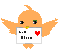 Pixelated orange bird with yellow beak holds white sign with red heart and black text, wings spread, eyes change expression across frames.