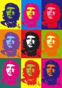 A 3x3 grid of nine pop art–style portraits in bright, solid colors with high contrast and minimal detail, each depicting the same person's face from different angles or expressions within a single static image frame.