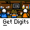 Animated contact sheet of a pixel art character repeating 'Get Digits' text with changing speech bubbles in a retro office setting.