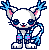 Pixel art cat-like creature with blue antlers, pink inner ears, and blue tail, standing in various poses with closed eyes and red mouth.