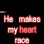 Animated contact sheet of 8 frames showing red text "He makes my heart race" with a white ECG line above the text on black background, each frame displaying different ECG line positions and text opacity variations.