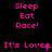 Pixelated pink text on black background cycles between 'Sleep Eat Race!' and 'It's Love' with star and arrow symbols.