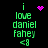 Green pixelated text reads "i love daniel fahey <8" on black background with pink heart and starburst symbols above and between text lines.