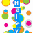 A vertical arrangement of colorful pixelated dots and stacked letters spelling 'HAPPY' in multiple colors against a white background.
