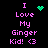 Pixelated text reads "I Love My Ginger Kid! <3" in pink on black background with green pixel art symbols changing across frames.