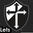 Black-and-white pixelated icon with shield, cross, profile head, and large letter 'P' across four quadrants.