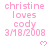 Pink text reads 'christine loves cody 3/18/2008' with small pink hearts on a white background, showing animation of heart positions changing across frames.