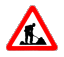 A triangular warning sign icon with a red border and white background, showing a worker figure using tools that progressively degrade into pixelated noise across seven frames.
