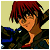 Pixelated anime-style character with red hair and dark sunglasses, wearing a black jacket over blue clothing against a light yellow background.